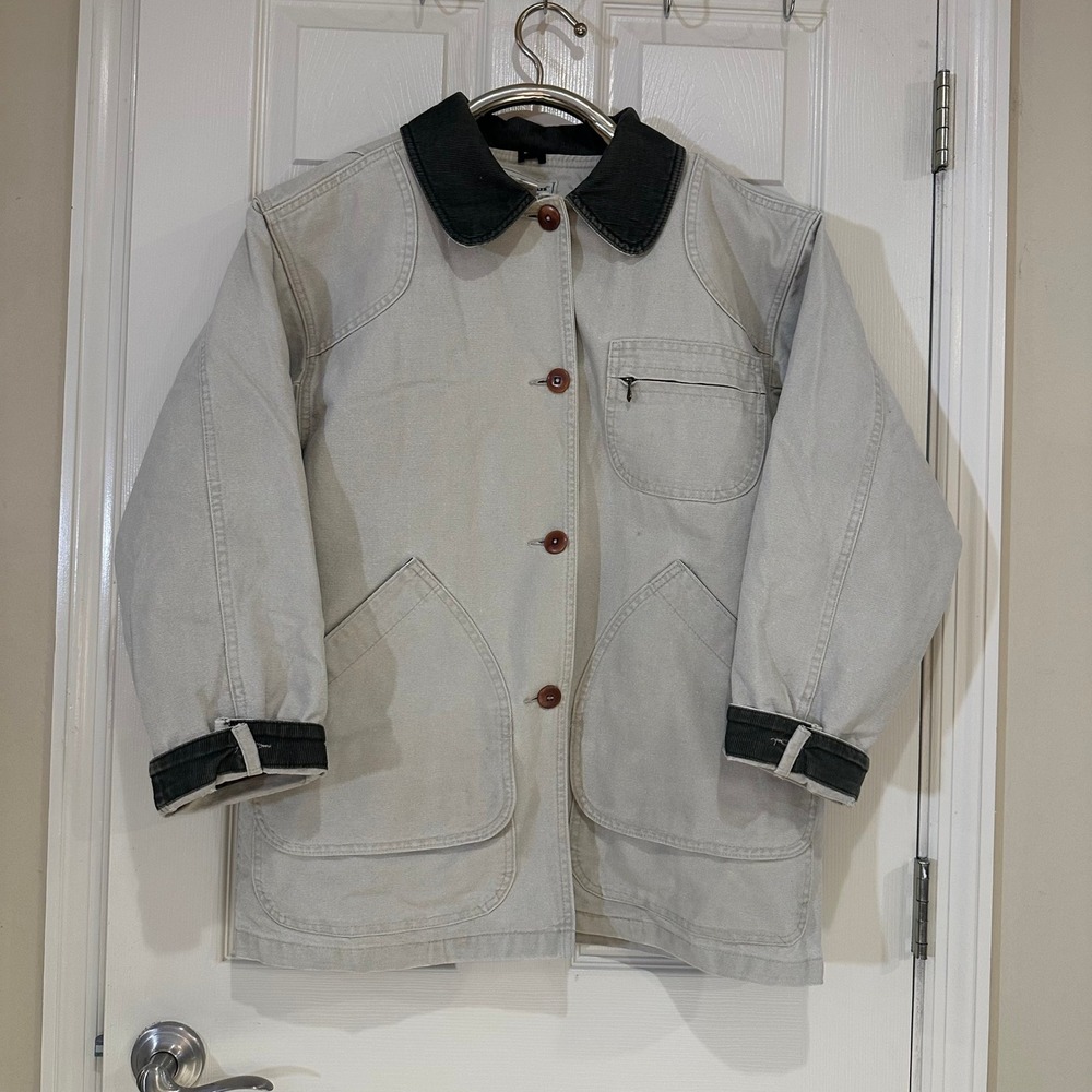 LL Bean Original Field Coat Tan Canvas Barn Jacket Womens Med Petite Plaid Lined